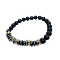 Gemstone Bracciali, agata nero, with ottone, Cerchio, placcato color oro, gioielli di moda & unisex & anti-fatica & Micro spianare cubic zirconia, nero, 8mm, Lunghezza Appross. 7.48 pollice, Venduto da PC