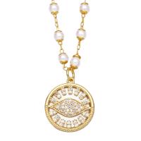 Kubieke Zirkoon Micro Pave Brass Ketting, Messing, met Schelp & Plastic Pearl, met 1.97 extender keten, Ronde, gold plated, micro pave zirconia, meer kleuren voor de keuze, nikkel, lood en cadmium vrij, 20x18mm, Lengte 17.32 inch, Verkocht door PC