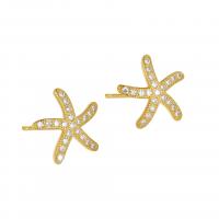 925 Sterling Sølv Stud Earring, Starfish, forgyldt, for kvinde & med rhinestone, flere farver til valg, 13.50x13mm, Solgt af par