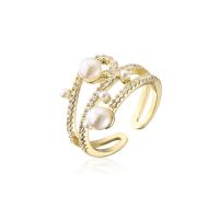 Brass Cuff Finger Ring with Plastic Pearl gold color plated Adjustable & micro pave cubic zirconia & for woman 18mm Sold By PC