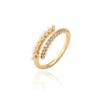 Brass Cuff Finger Ring with Plastic Pearl gold color plated Adjustable & micro pave cubic zirconia & for woman 18mm Sold By PC