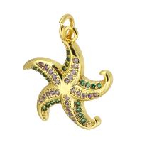 Cubic Zirconia Micro Pave bronze Pingente, cobre, Estrela do mar, cromado de cor dourada, micro pavimento em zircônia cúbica, multi colorido, 18x20x2mm, Buraco:Aprox 3mm, vendido por PC