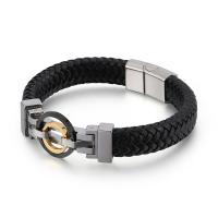 acero inoxidable 316L Pulsera, con cable de piel de vaca, chapado, teñido & para hombre, Negro, 205x12mm, Vendido por UD