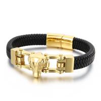 Partículas de acero Pulsera, con cable de piel de vaca, chapado en color dorado, para hombre, Negro, 210x12mm, Vendido por UD