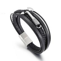 Partículas de acero Pulsera, con cable de piel de vaca, multicapa & para hombre, Negro, 215x8mm, Vendido por UD