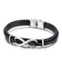 Partículas de acero Pulsera, con cable de piel de vaca, para hombre, Negro, 210x10mm, Vendido por UD