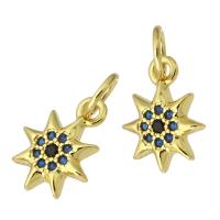 Befestigter Zirkonia Messing Anhänger, Acht Point Star, goldfarben plattiert, Modeschmuck & DIY & Micro pave Zirkonia, blau, 8x11x2mm, Bohrung:ca. 3mm, 10PCs/Menge, verkauft von Menge