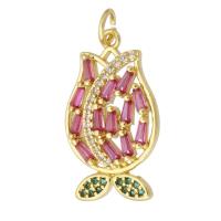 Cubique Pendentif en laiton zircon pavent, fleur, Placage de couleur d'or, bijoux de mode & DIY & pavé de micro zircon, multicolore, 13.50x23x3mm, Trou:Environ 3mm, 10PC/lot, Vendu par lot