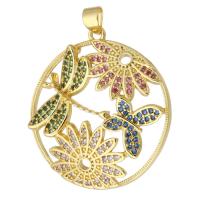 Cubique Pendentif en laiton zircon pavent, Rond, Placage de couleur d'or, bijoux de mode & DIY & pavé de micro zircon, multicolore, 29x32x4mm, Trou:Environ 3mm, 10PC/lot, Vendu par lot