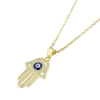 Collana in ottone di stesa Micro zircone cubico, Evil Eye Hamsa, placcato color oro, Micro spianare cubic zirconia & per la donna & smalto & cavo, 14x23x3mm, Lunghezza Appross. 20 pollice, Venduto da PC