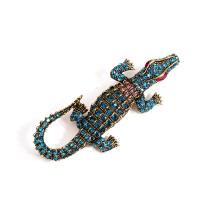 Strass Broche, Zinc Alloy, Krokodil, gold plated, voor de mens & met strass, blauw, 75x25mm, Verkocht door PC