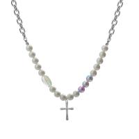 Kunststof parel ketting, Zinc Alloy, met Plastic Pearl, Oversteken, platinum plated, ovale keten & voor vrouw & met strass, Lengte Ca 20.9 inch, Verkocht door PC