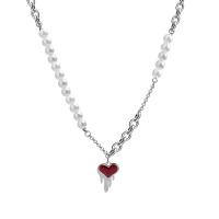 Stainless Steel Jewelry Necklace 314 Stainless Steel with Plastic Pearl with 1.96inch extender chain Heart fashion jewelry & for woman & enamel nickel lead & cadmium free Length Approx 18.8 Inch Sold By PC