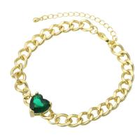 Cúbicos Circonia pulsera Latón Micro pavimenta, metal, Corazón, chapado en color dorado, Joyería & micro arcilla de zirconia cúbica & para mujer, verde, 18.50x10.50x7mm, longitud 9 Inch, 10PCs/Grupo, Vendido por Grupo