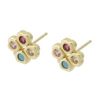 Boucles d'oreilles en laiton zircon cubique pavent, Placage de couleur d'or, bijoux de mode & pavé de micro zircon & pour femme, multicolore, 9x9x14mm, 10pairescouple/lot, Vendu par lot