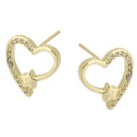 Boucles d'oreilles en laiton zircon cubique pavent, Placage de couleur d'or, bijoux de mode & pavé de micro zircon & pour femme, doré, 13x14x14mm, 10pairescouple/lot, Vendu par lot