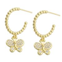 Boucles d'oreilles en laiton zircon cubique pavent, papillon, Placage de couleur d'or, bijoux de mode & pavé de micro zircon & pour femme, doré, 31mm, 10pairescouple/lot, Vendu par lot