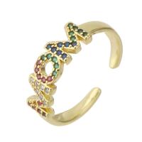 laiton Cuff Bague, Lettre d’alphabet, Placage de couleur d'or, bijoux de mode & pavé de micro zircon & pour femme, multicolore, 5mm, 10PC/lot, Vendu par lot