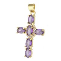 Cubique Pendentif en laiton zircon pavent, croix, Placage de couleur d'or, bijoux de mode & pavé de micro zircon & pour femme, violet, 19x30x3mm, 10PC/lot, Vendu par lot