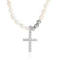 Titan stål halsband, med pärla, Cross, Unisex & med strass, vit, 40.50mm, Längd Ca 19.69 inch, Säljs av PC