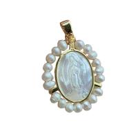 Natural White Shell Pendler, med Ferskvandsperle & Messing, Runde, guldfarve belagt, du kan DIY, gylden, 22.40x28.80mm, Solgt af PC