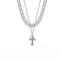 Collier de bijoux en acier inoxydable, avec Pendentif en alliage de zinc, croix, Double couche & unisexe & avec strass, Longueur Environ 17.3 pouce, Vendu par PC