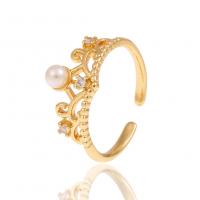 Messing Manchet Finger Ring, met Plastic Pearl, Kroon, gold plated, micro pave zirconia & voor vrouw, gouden, nikkel, lood en cadmium vrij, 20mm, Verkocht door PC