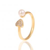 Messing Manchet Finger Ring, met Plastic Pearl, Hart, gold plated, micro pave zirconia & voor vrouw, gouden, nikkel, lood en cadmium vrij, 20mm, Verkocht door PC