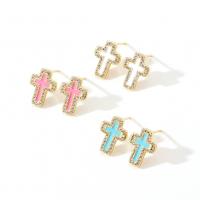 Cubic Zirconia Micro Pave Brass Earring Cross gold color plated micro pave cubic zirconia & for woman & enamel nickel lead & cadmium free Sold By Pair