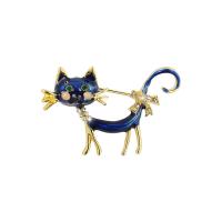 Broche émail, alliage de zinc, chat, Plaqué d'or 14K, Glaçure en émail peinte à la main & pour femme & avec strass, protéger l'environnement, sans nickel, plomb et cadmium, 43x28mm, Vendu par PC