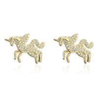 Boucles d'oreilles en laiton zircon cubique pavent, Licorne, Plaqué or 18K, pavé de micro zircon & pour femme, 17x12mm, Vendu par paire