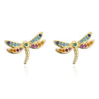 Ciúbach Zirconia Micrimhilseogra réiteodh Earring Prás, Dragonfly, 18K ór plátáilte, micrea réiteach zirconia ciúbach & do bhean, il-daite, 14x11mm, Díolta De réir Péire