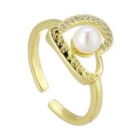 laiton Cuff Bague, avec Plastique ABS perle, Placage de couleur d'or, Réglable & bijoux de mode & pavé de micro zircon, doré, 12x12mm, Taille:6, 10PC/lot, Vendu par lot