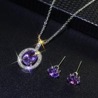 Cubic Zirkonia mikro tasoittaa Zinc Alloy korut, Nasta korvakoru & kaulakoru, Sinkkiseos, kanssa Cubic Zirkonia, hopea päällystetty, 2 kpl & naiselle, violetti, nikkeli, lyijy ja kadmium vapaa, 2PC/set, Myymät set