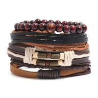 PU Armband-Set, met Hennep & Koeienhuid & Wax & Hout, 4 stuks & uniseks, 6cm, Lengte Ca 17-18 cm, Verkocht door Stel