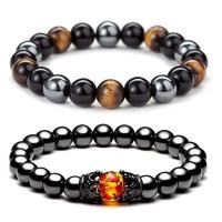 Edelstein Armbänder, Obsidian, mit Tigerauge & Zinklegierung, rund, Pistole schwarz plattiert, unisex & verschiedene Stile für Wahl, gemischte Farben, 8mm, Länge 6.3 ZollInch, verkauft von PC