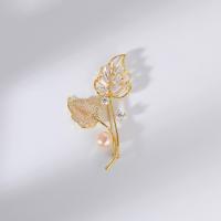 Freshwater Pearl Broche, Messing, med Ferskvandsperle, Leaf, 18K forgyldt, Micro Pave cubic zirconia & for kvinde, 35x62mm, Solgt af PC