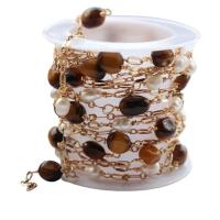 Messing bal ketting, met Tiger Eye & Plastic Pearl, plated, balketting, gemengde kleuren, 2.50mm, 5m/spool, Verkocht door spool