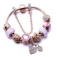 Bracelet European , alliage de zinc, avec cristal & verre, Plaqué de couleur d'or rose, longueur différente pour le choix & chaîne serpent & avec strass, couleur or rose, protéger l'environnement, sans nickel, plomb et cadmium, Vendu par PC