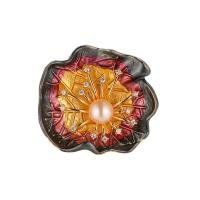 Broche émail, laiton, avec perle d'eau douce cultivée, Feuille de Lotus, Plaqué or 18K, pavé de micro zircon & pour femme, protéger l'environnement, sans nickel, plomb et cadmium, 40x36mm, Vendu par PC