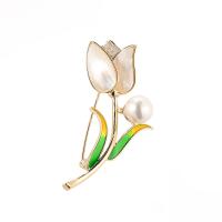 Broches de Nácar, metal, con Shell Pearl & Nácar Blanca, Tulipán, 18K chapado en oro, micro arcilla de zirconia cúbica & para mujer & esmalte, 31x59mm, Vendido por UD