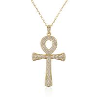 Cubic Zircon Micro Pave Mässing Halsband, Cross, 18K guldpläterad, micro bana cubic zirconia & för kvinna & ihålig, 29x51mm, Längd Ca 17.71 inch, Säljs av PC