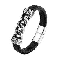 acero inoxidable 316L Pulsera, con Cuero de PU, pulido, Joyería & para hombre, Negro, longitud 21 cm, Vendido por UD