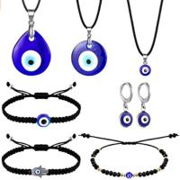 Szemmel verés ékszer szett, karkötő & fülbevaló & nyaklánc, Terylene Cord, -val Lampwork & Cink ötvözet, Evil Eye, galvanizált, 7 darab & divat ékszerek, kevert színek, Által értékesített Lot