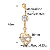 Messing mave ring  , med Cubic Zirconia, Heart, guldfarve belagt, for kvinde & facetteret, gylden, nikkel, bly & cadmium fri, 16x48mm, Solgt af PC