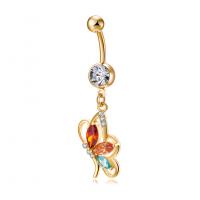 Messing Buikring  , met Cubic Zirconia, Vlinder, gold plated, voor vrouw & gefacetteerde, meer kleuren voor de keuze, nikkel, lood en cadmium vrij, 14x48mm, Verkocht door PC