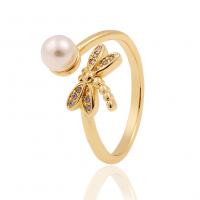 Messing Cuff fingerring, med Plastic Pearl, guldfarve belagt, Justerbar & Micro Pave cubic zirconia & for kvinde, 21mm, Solgt af PC