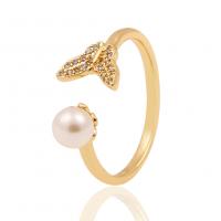 Mässing Cuff finger ring, med Plast Pearl, guldfärg pläterade, Justerbar & micro bana cubic zirconia & för kvinna, 21mm, Säljs av PC