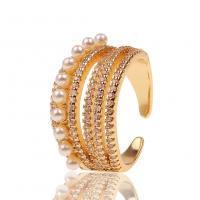 Messing Manchet Finger Ring, met Plastic Pearl, gold plated, Verstelbare & micro pave zirconia & voor vrouw, 14x21mm, Verkocht door PC