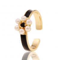 Messing Manchet Finger Ring, met Plastic Pearl, Bloem, gold plated, Verstelbare & micro pave zirconia & voor vrouw & glazuur, meer kleuren voor de keuze, 9x22mm, Verkocht door PC